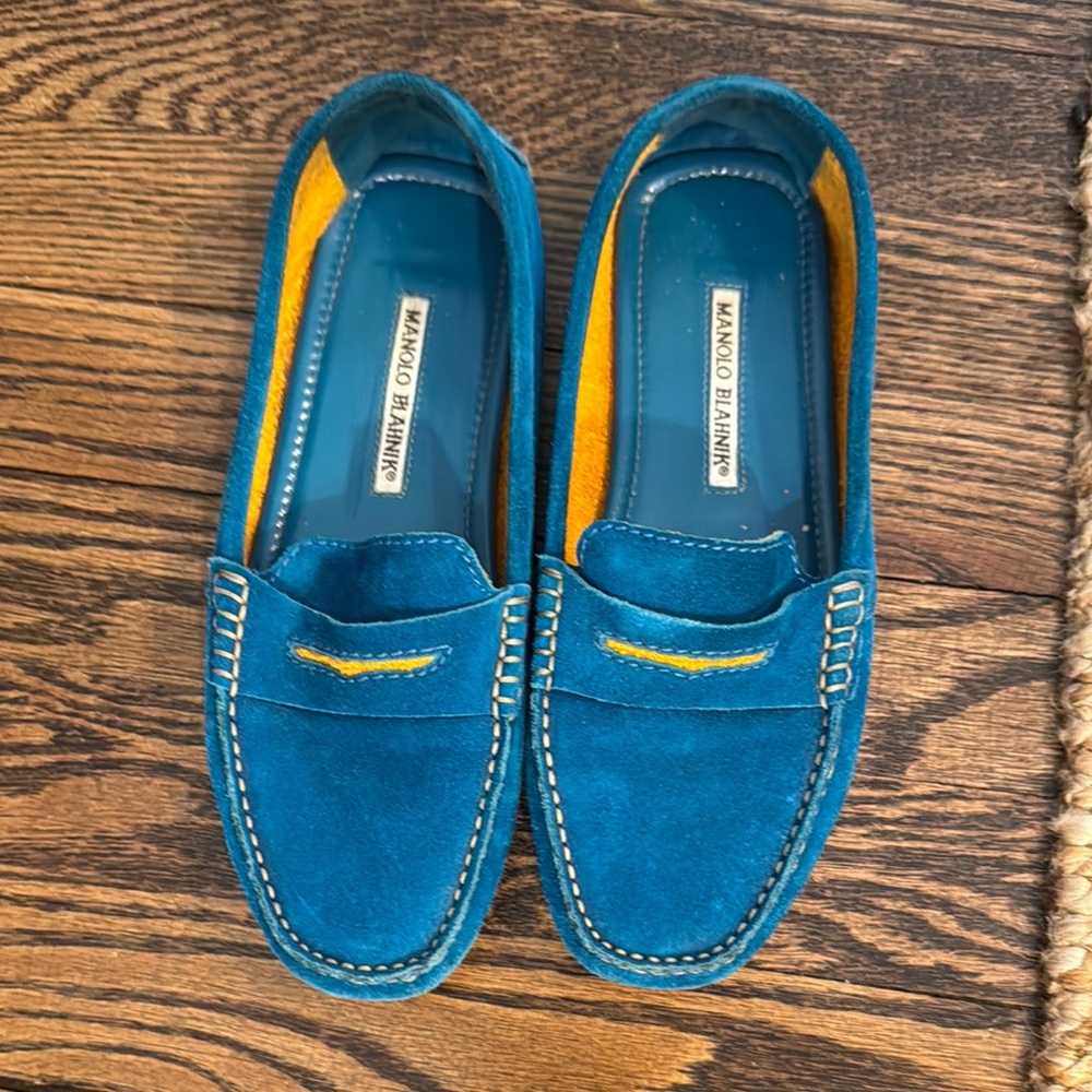 Manolo Blahnik Blue and Orange Slip-On Moccasins